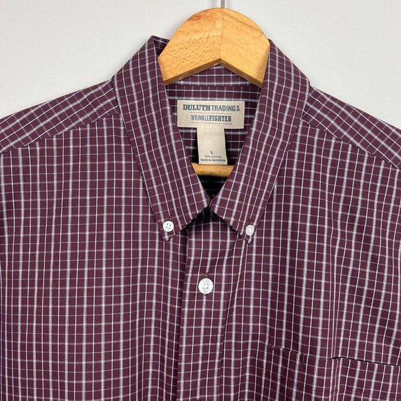 Duluth Trading Shirt Mens Large Wrinkle Fighter Check Plaid Button Down Burgundy - Picture 2 of 10
